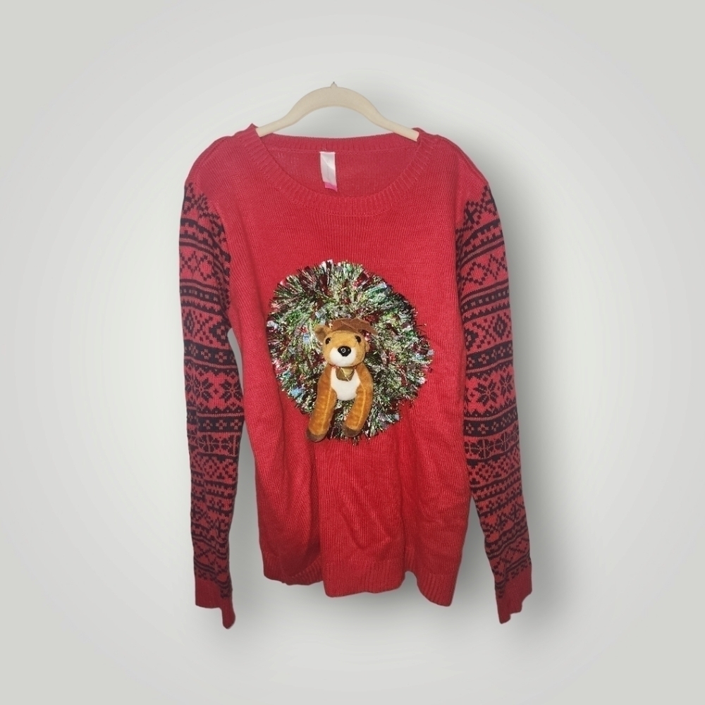 Women’s NoBo Red Reindeer Wreath Ugly Christmas Sweater Size XXL